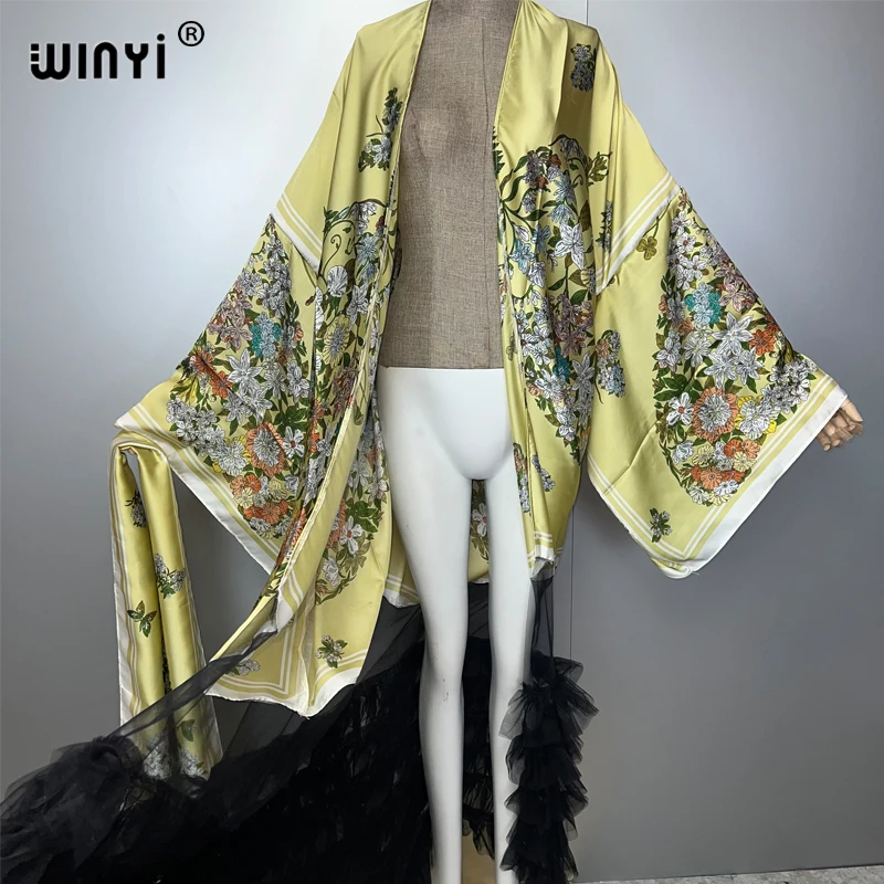 WINYI Catwalk Kimono Damen Bedruckter Blasensaummantel Langarm Strickjacke Abaya Dubai Luxus Beachwear Cover Up Boho Kleid Kaftan