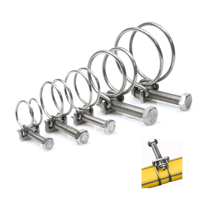 1/5pcs 304 Stainless Steel Hose Clamps Double Wire Throat Hoop Pipe Clamp Clip 10mm - 120mm  Screws Tightening  Tool