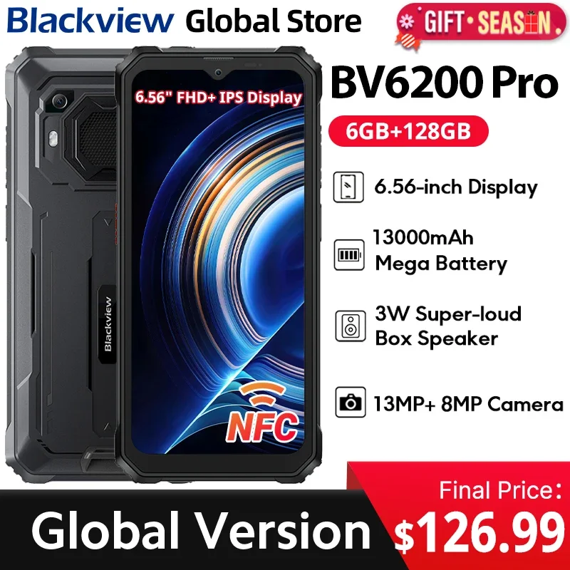 Blackview BV6200 Pro Rugged Phone 6.56'' FHD+ IPS Display IP69 Waterproof Helio P35 6GB 128GB 13000mAh18W Fast Charg NFC CellPho