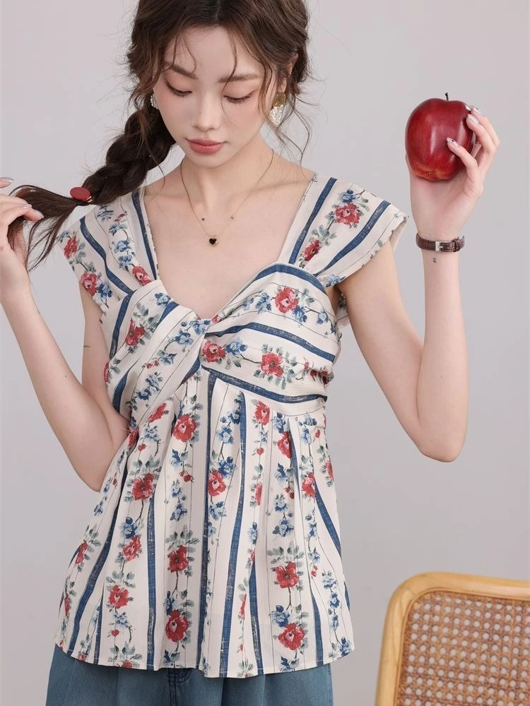 Rose Print Vintage Style Sleeveless Blouse For Women Summer New Arrival Floral Top Lightweight Casual Breathable Comfortable