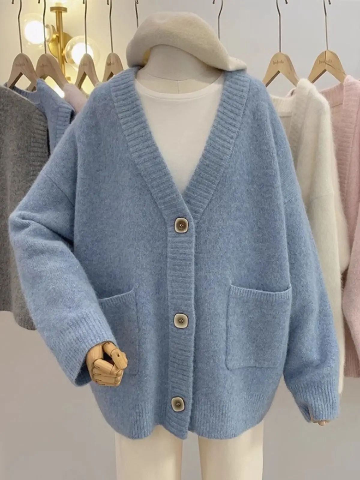 Knitted Cardigan Women V-neck Loose Camisetas Versatile Buttons Sweater Ribbed Jacket Outerwears Streetwear T Shirt Long Sleeve