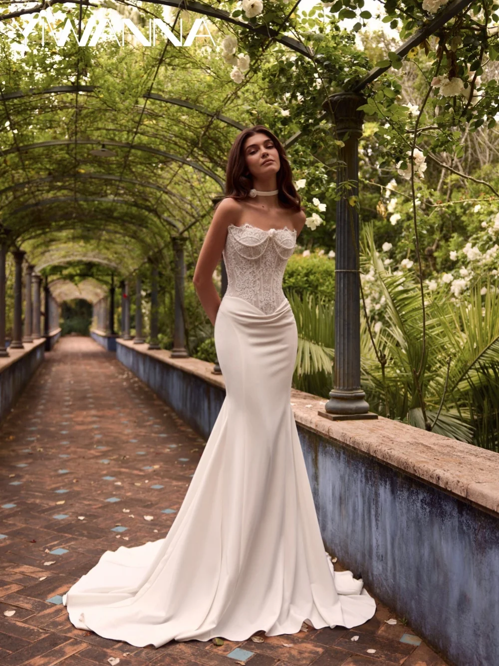Delicate Pearls Lace Wedding Dress Vintage Satin Strapless Bridal Gown Customized Graceful Mermaid Long Dresses For Bride