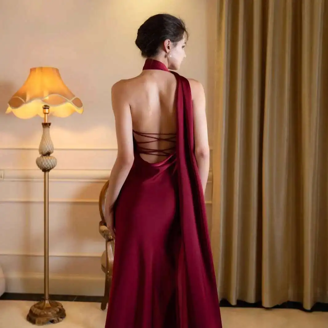 

High-end 2025 French Style Toast Dress Sexy Backless Satin Halter Neck Evening Gown Dress 2025 Summer Dress Robe Vestido Women