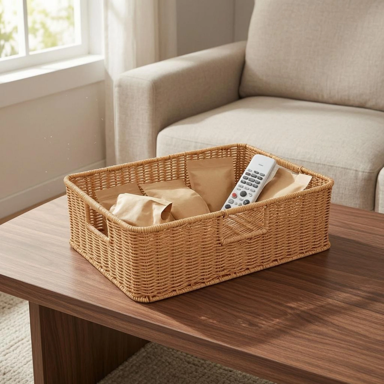 Imitation-Rattan Basket Reinforced Rectangular Storage Basket Floral Appearance Decorative