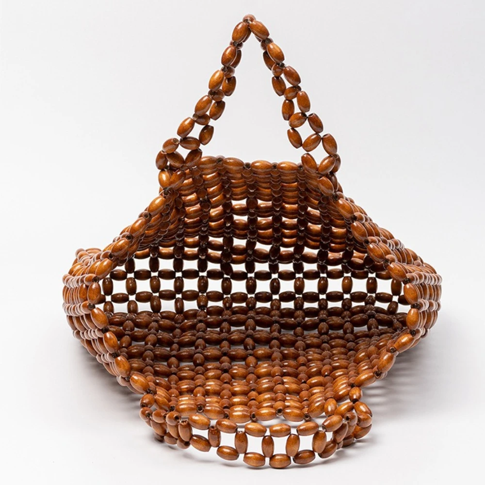 Solid Color Wooden Beaded Handbag , Handmade Woven Bag ,Hollow-out Design Wooden Bead Female Tote Bag