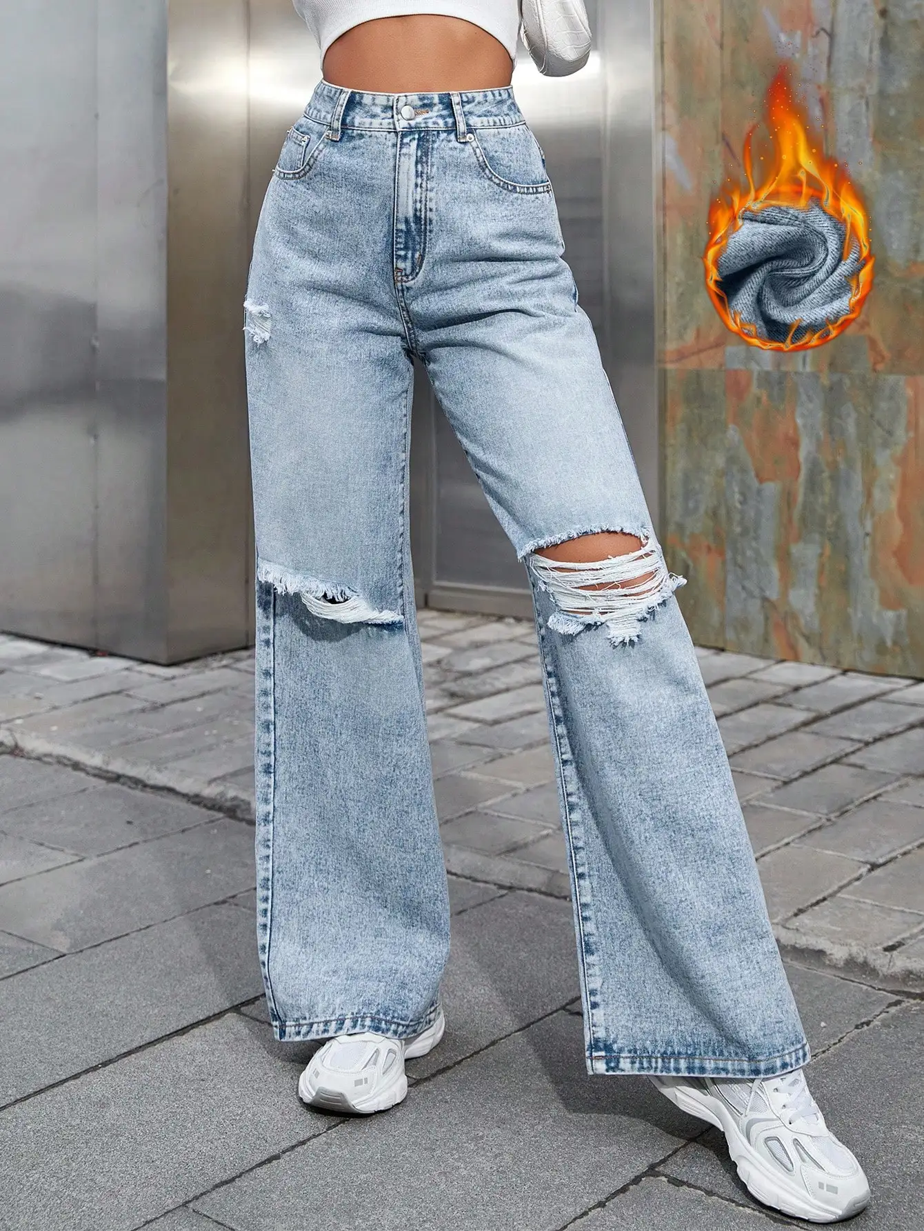 

Женские джинсы с высокой талией, рваные, с широкими штанинами, из утолщенного денима, для повседневной носки зимой