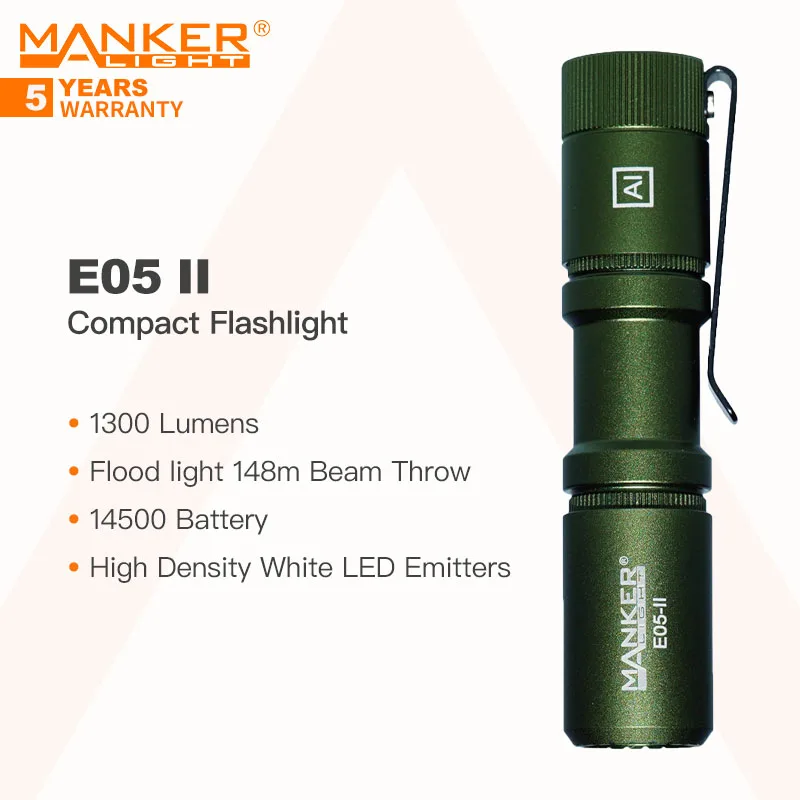 

Manker E05 II Compact EDC Flashlight, High Density 1300 Lumens White LED Emitters, 14500 Battery, for Camping, Self Defense