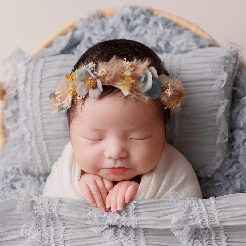 Baby fotografie rekwisieten elastische wrap kunstbloemen verstelbare hoofdband kanten hoed kussen pasgeboren foto prop studio accessoires