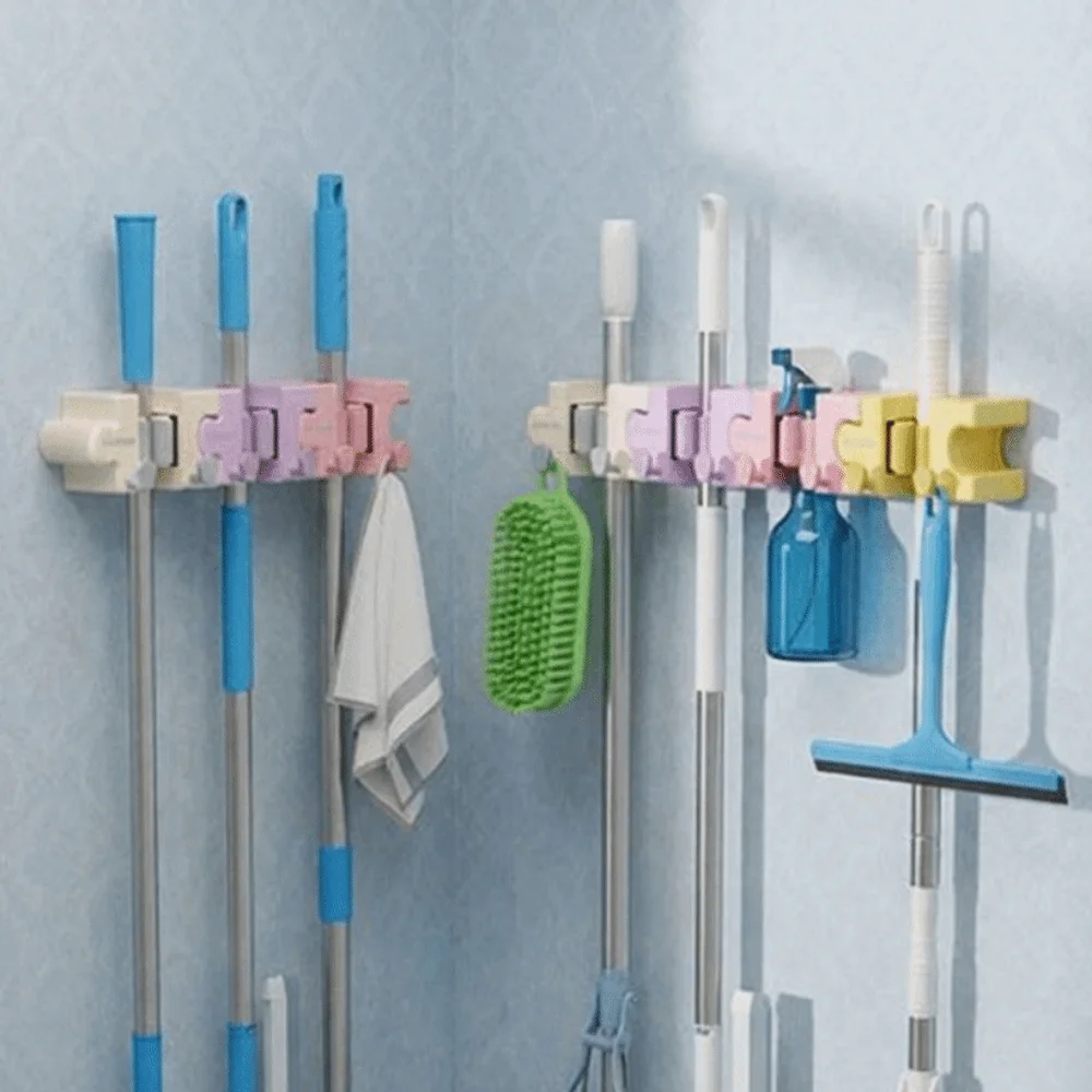 No Drill Puzzle Splicing Mop Broom Holder Self Adhesive Space Saving Macaron Mop Holder Wall Mounted with Hooks Macaron Mop Clip
