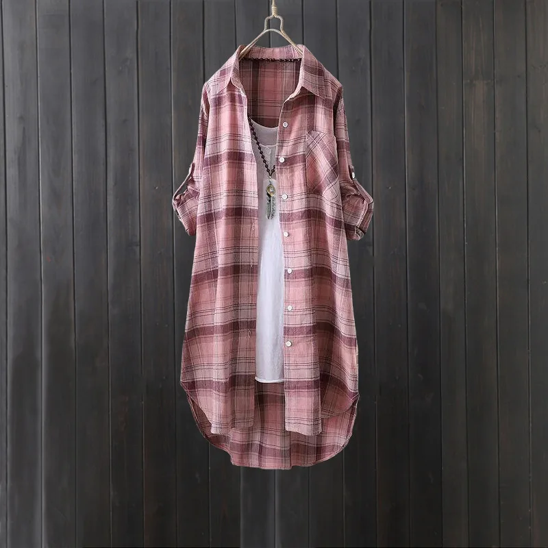 Customization Plaid Shirt Jacket Women Loose Large Size Top Mid-length Butt Long Sleeve Cotton Linen Shirt Fashionable Cardigan