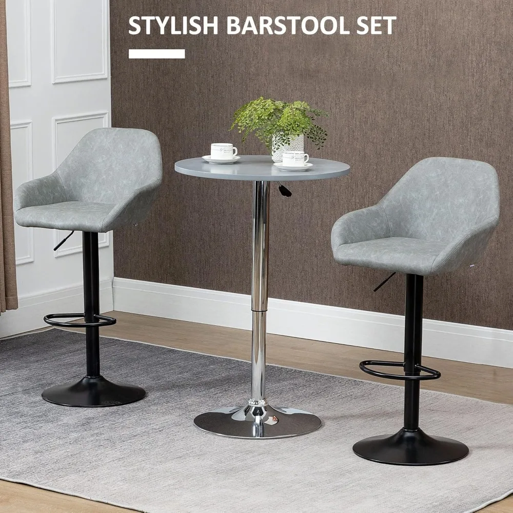 Regulowane krzesła barowe obrotowe z podnóżkiem i oparciem, stołki kuchenne o wysokości blatu z ekoskóry, zestaw 2 szarych