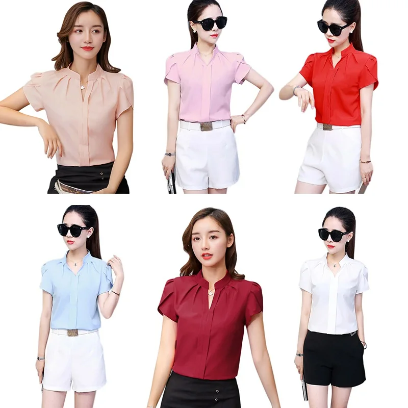 Elegant Female Shirt Short Puff Sleeve Fashion Leisure Chiffon Blouse Tops Chic Sexy V-Neck Loose Shirts Workwear Summer