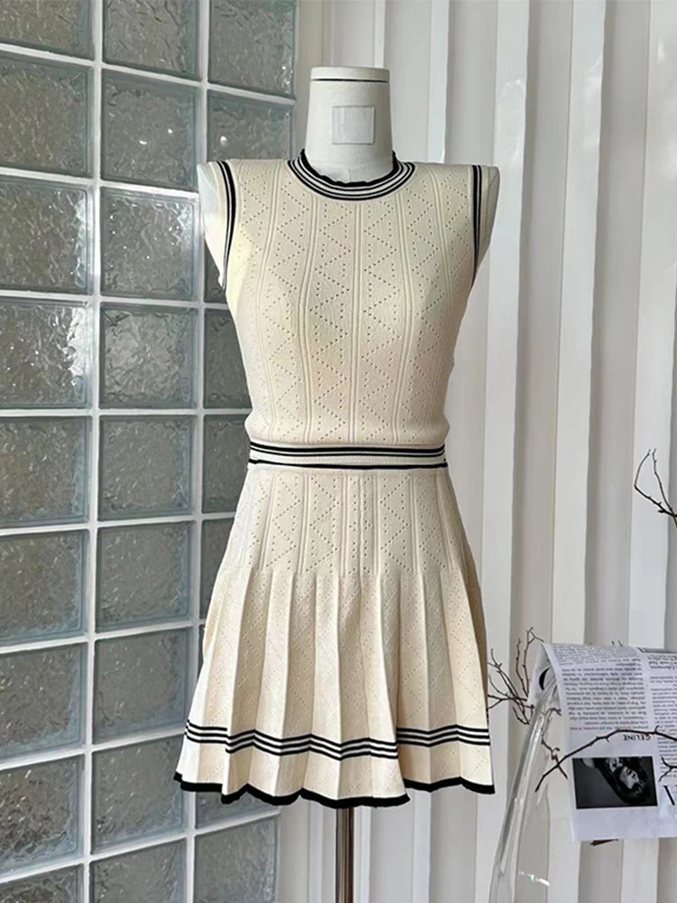 2023 Summer Women Vintage Beach Party Outfits 2 Piece Set Simple O-Nec Tank Top+Elastic Waist A-Line Mini Pleated Skirt Elegant