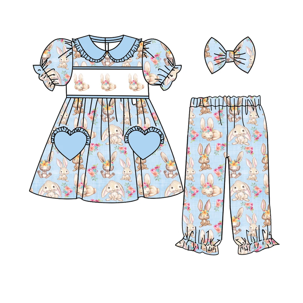 

Пасхальное новое поступление, рубашка с короткими рукавами и длинными штанами с принтом кролика и пасхального яйца для мальчиков и девочек, бутик-набор из молочного шелка