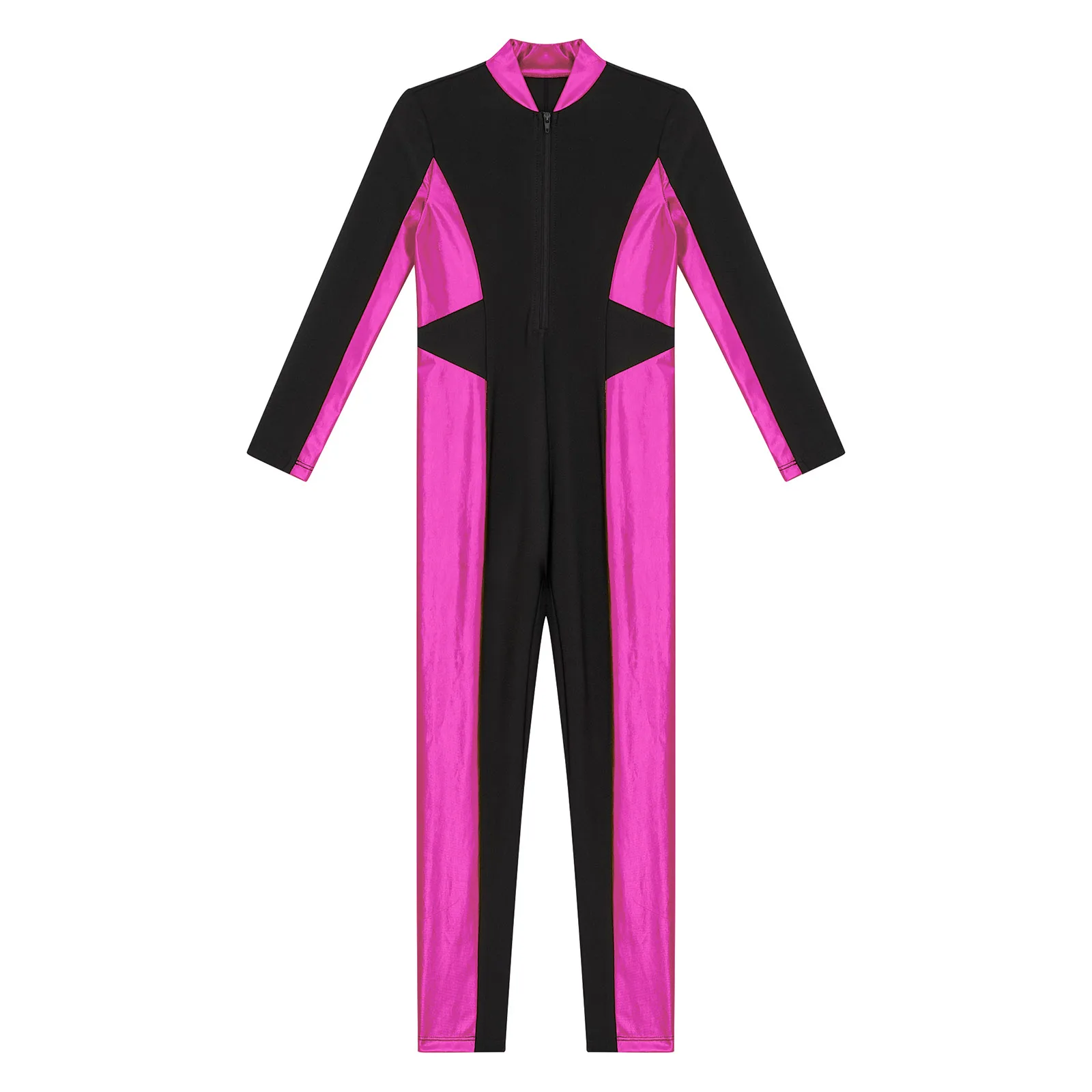 Kids Girls Ballet Gymnastics Full Bodysuit Bronzing Contrast Long Sleeve Figure Ice Skating Jumpsuit  Acrobatics Leotard Costume