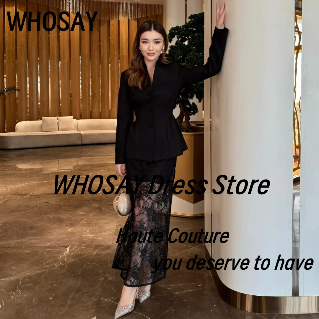 

WHOSAY Black V Neck Prom Dresses Long Sleeves Evening Party Dress Ankle Length Lace Sheath Special Banquet Gowns Customized