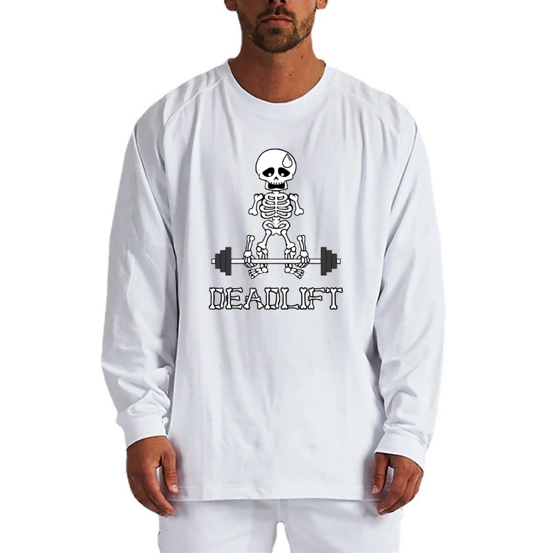 Human Skeleton Deadlift Barbell Gym Clothes Men Fitness Bodybuilding Oversized T-Shirt Cotton Breathable Long Sleeve Loose Shirt