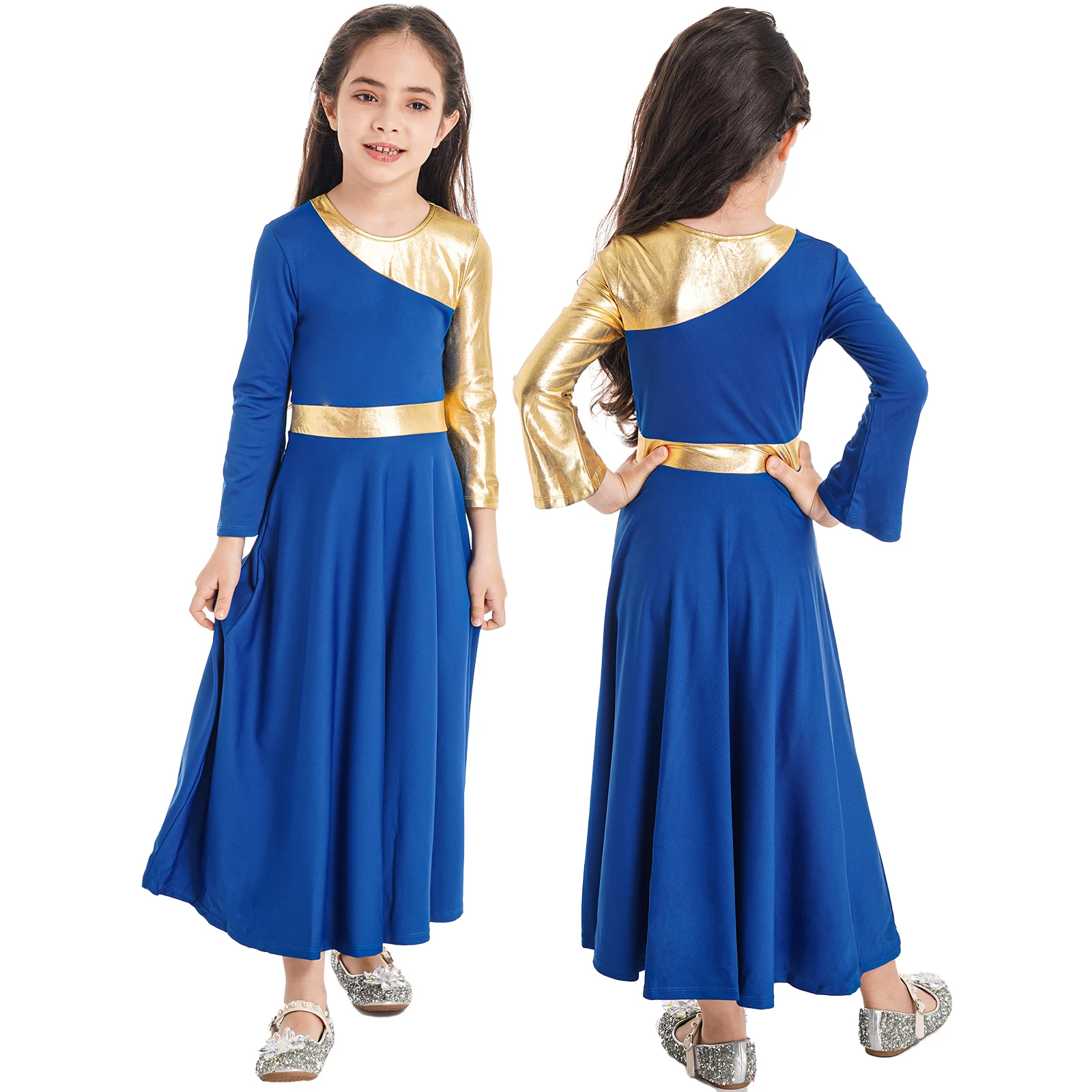 Kids Girls Angel Tunic Dress Cold Shoulder Long Sleeve Metallic Shiny Maxi Dress Church Liturgical Praise Worship Pray Costume