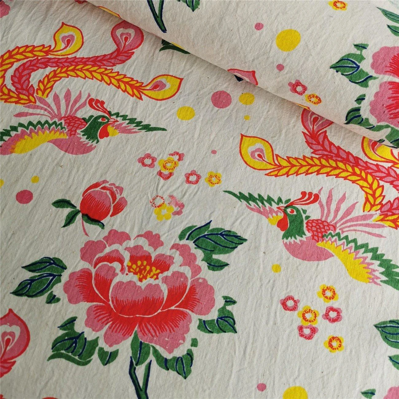 Handmade Retro Homespun Table Cloth, Hand-woven, Printing, Dyeing, Table Cloth, Patchwork Materials, Orange Phoniex, 23/159