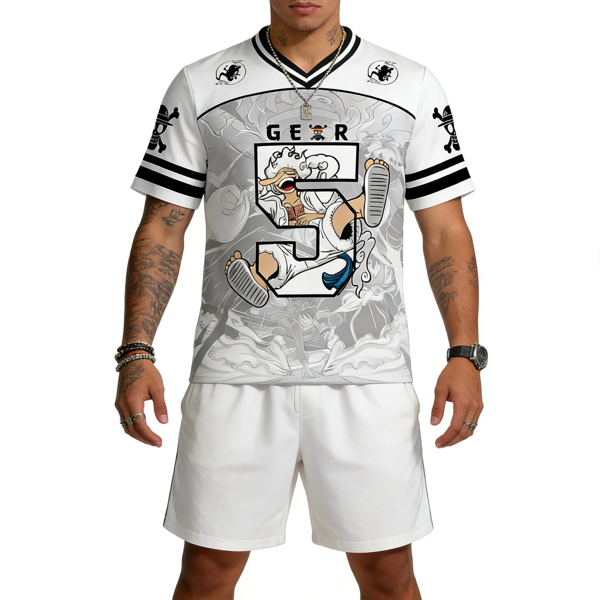 T-shirt à col en V One Piece Luffy Harajuku Fan Anime JPN Art pour hommes, femmes, adultes, enfants, garçons, filles, hauts pour enfants, parents et enfants, séchage rapide