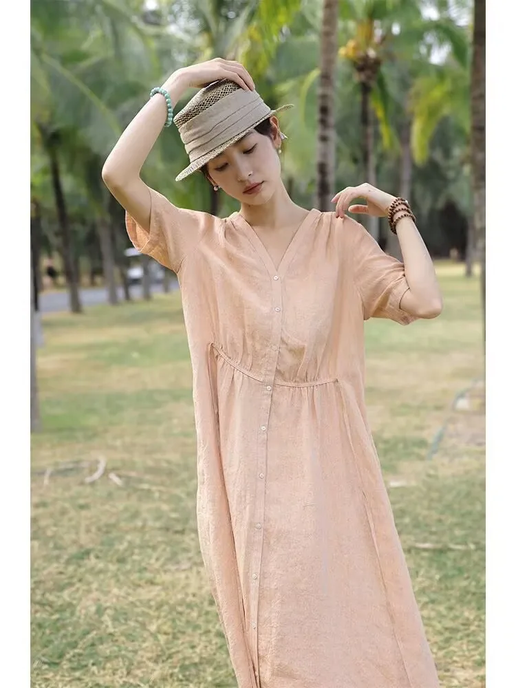 Summer Cotton Linen V Neck Long Dress Women Single Breasted Solid V Neck Lace Up Csaual Loose Holiday Vestidos X1240