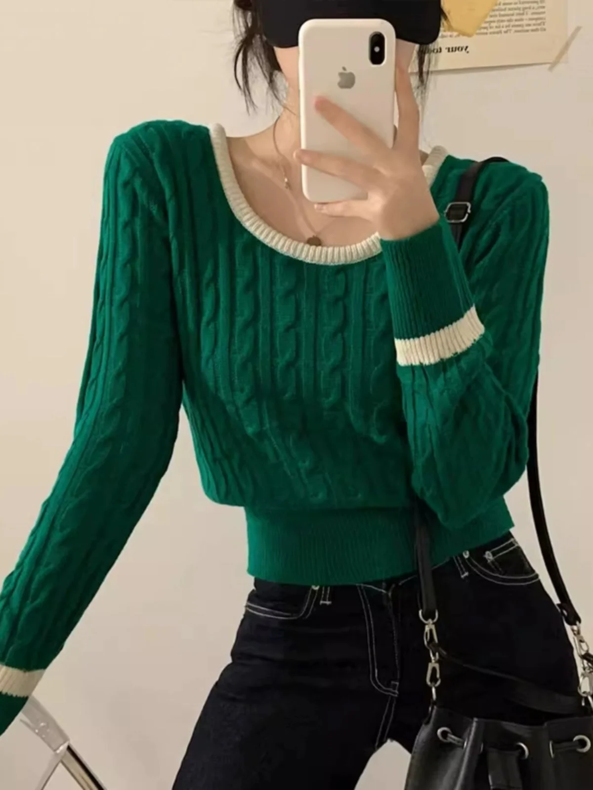 여성용 니트 스웨터 레트로 스퀘어 칼라 긴 소매 오버 헤드 탑 슬리밍 짧은 스타일 이너웨어 한국 스타일 통근