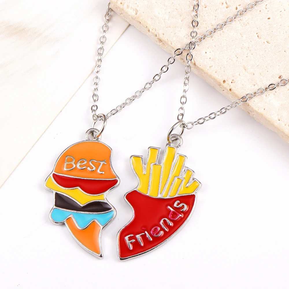 1Pair Funny Metal Enamel Hamburg Chips Pendants Creative Couple Best Friends Necklace Jewelry Accessories Party Gifts