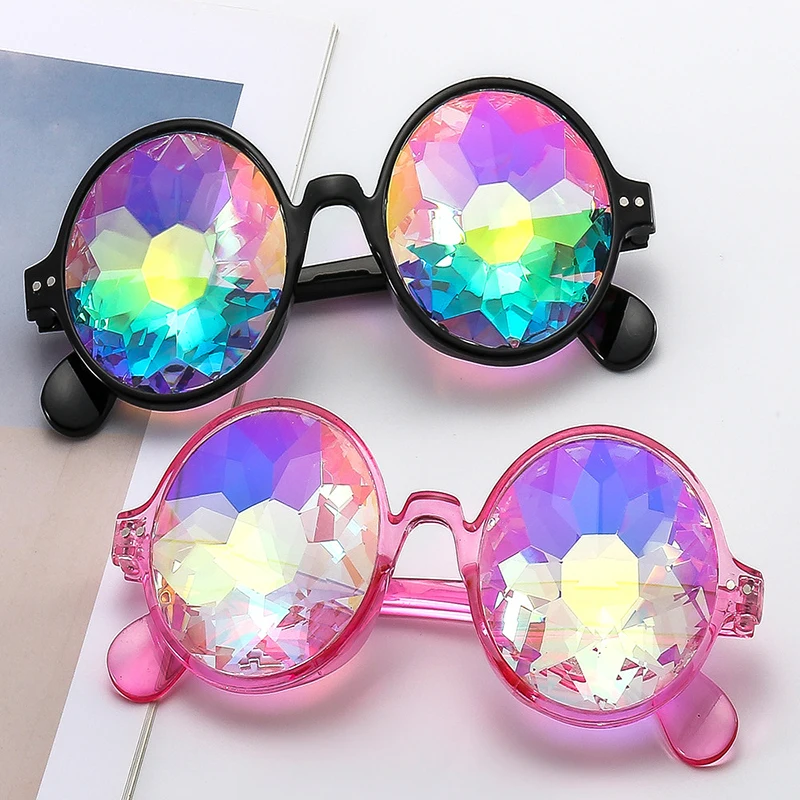 YOOSKE Party Cosplay Kaleidoscope Glasses Men Women Retro Rave Festival Round Sunglasses Nail Holographic Mosaic Prism Sunglass