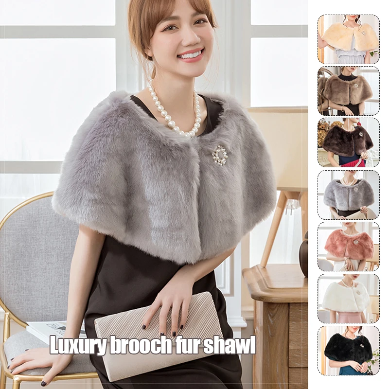 Women  Faux Rex Rabbit Fur Cape Bridal Wedding Brooch Shawl Scarf Lady Fur Shrug Cloak Coat Lady Evening Party Decor Fur Stole