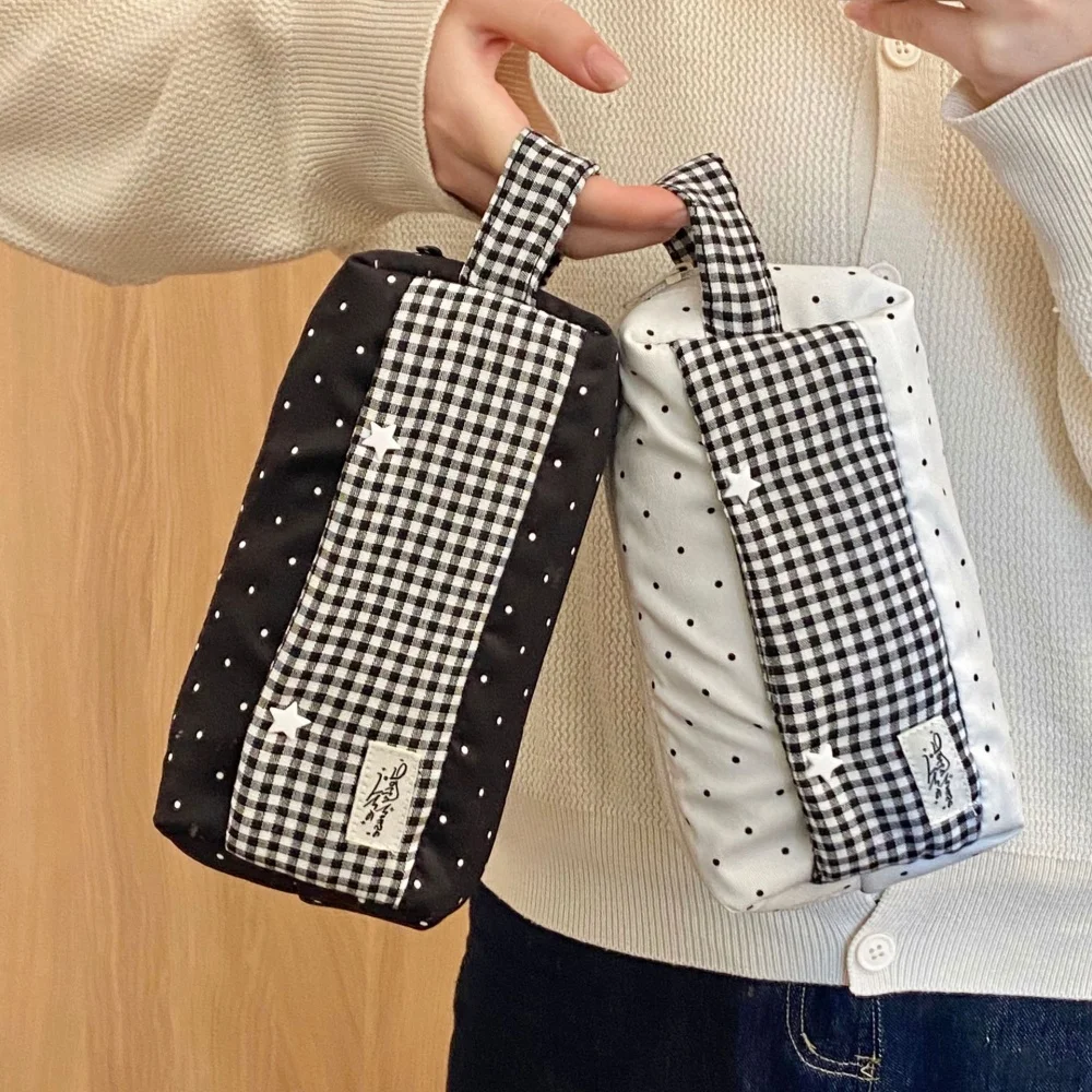 Ins Dot Plaid Star Pencil Case Canvas Pencil Pouch Multifunctional Stationery Storage Bag Students School Organizer Supplies