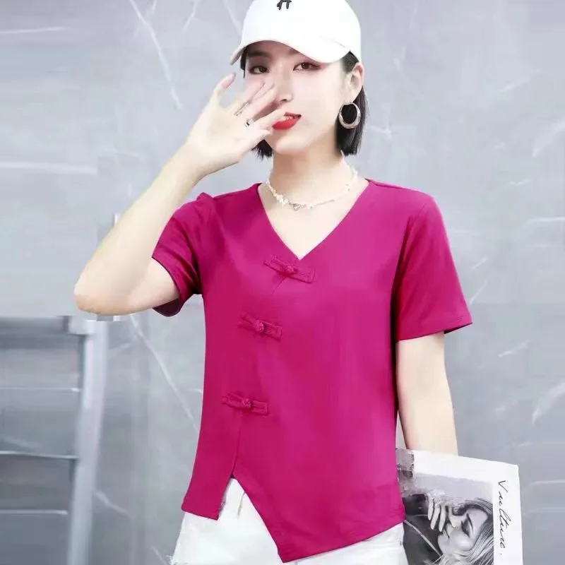 Spring Summer Short Sleeves T-Shirt Women 2024 New V-Neck Pure Colour Vintage TOP Fashion Coil Buckle Pullover Blouse Female