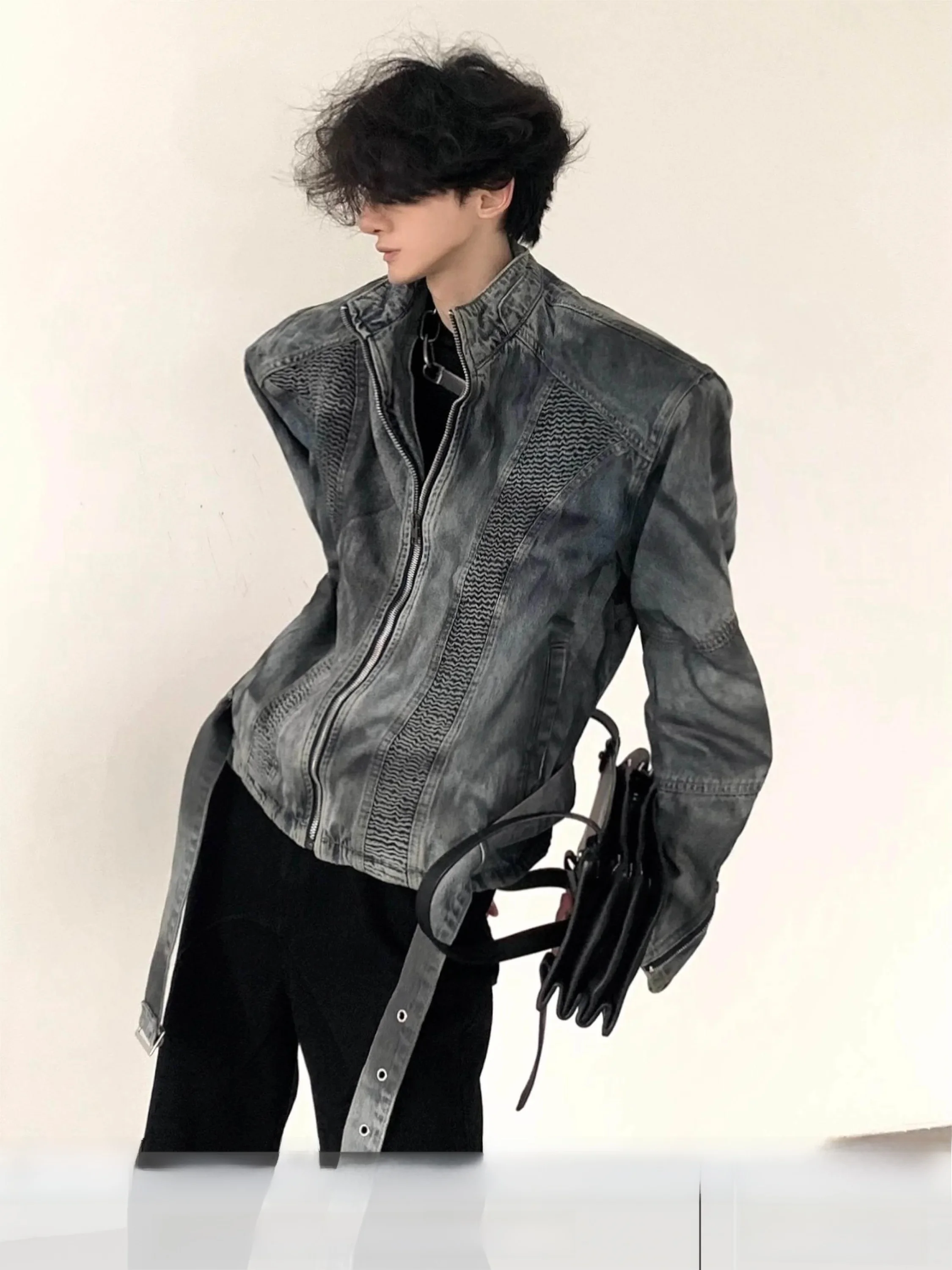 Heavy Duty Shoulder Padded Denim Jacket Men's Retro American Short Style Pleated Design Casual Youthful Spring Autumn Winter ...