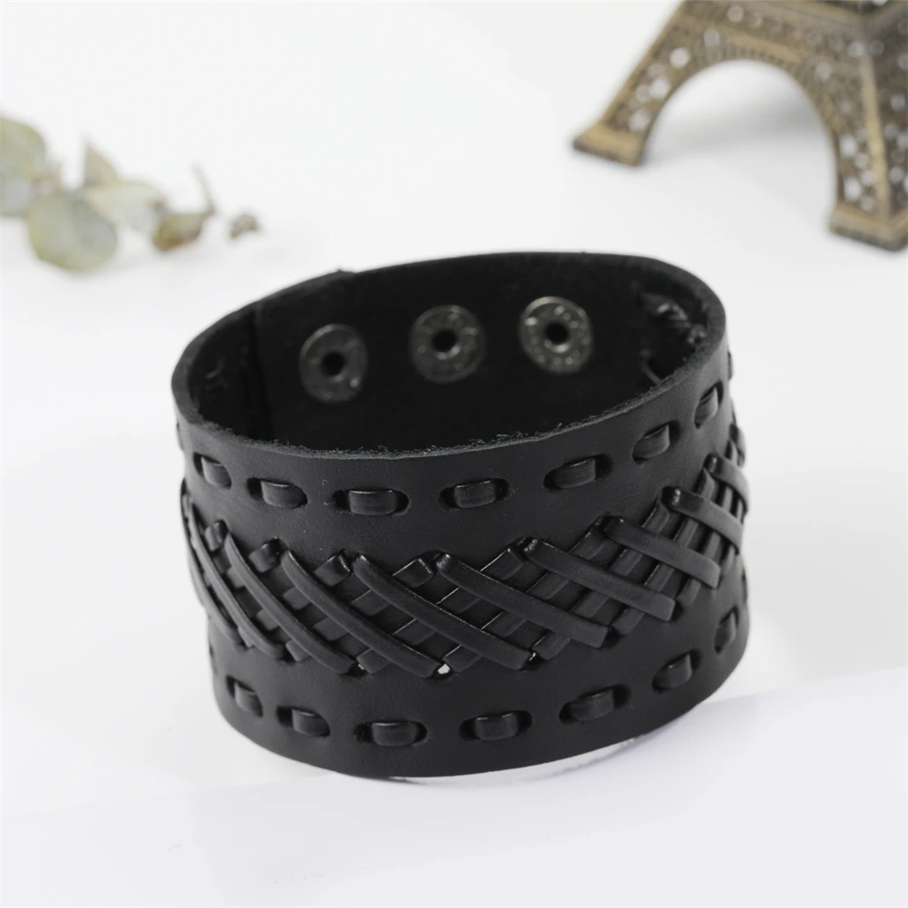 2024 Trend Jewelry Handmade Weave Genuine Leather Bracelet Men Vintage Cuff Wide Leather Bracelet Pulsera Hombre