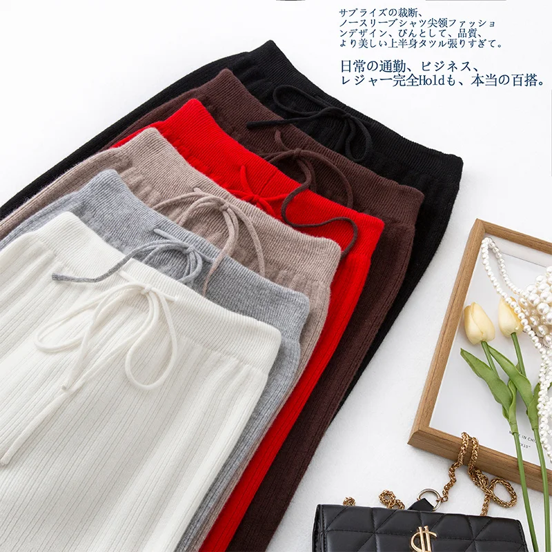 2022 New Autumn Winter Women 100% Pure Wool Pants Soft Waxy Comfortable High-Waist Knitted Female Loose Thicken Wide Leg Pants