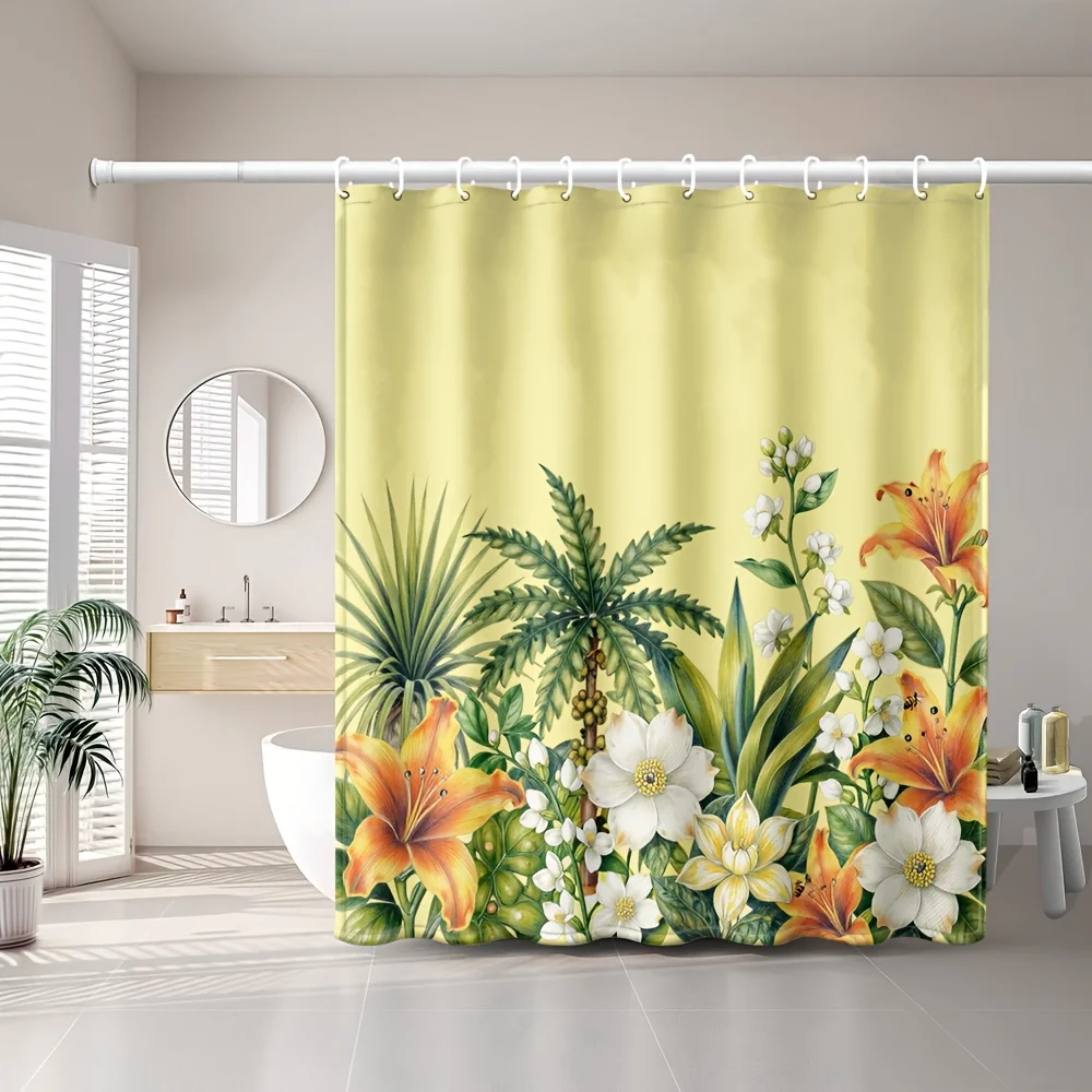 1pc Tropical Floral Greenery Fresh Natural Style Printed Shower Curtain, Bathroom Home Decor Shower Curtain with Free Plastic Ho