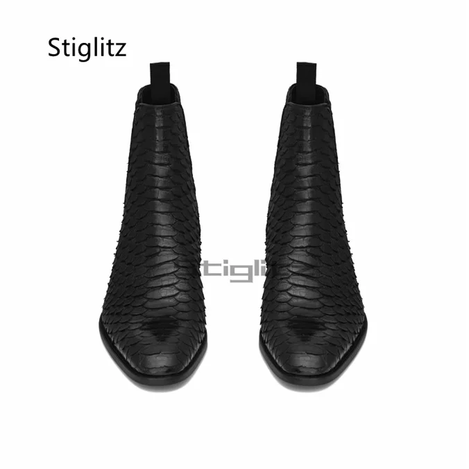 ثعبان نمط شريط مرن تشيلسي أحذية للرجال مدبب تو ميد الكعوب جلد طبيعي حذاء من الجلد الأعمال اليدوية الأحذية #3