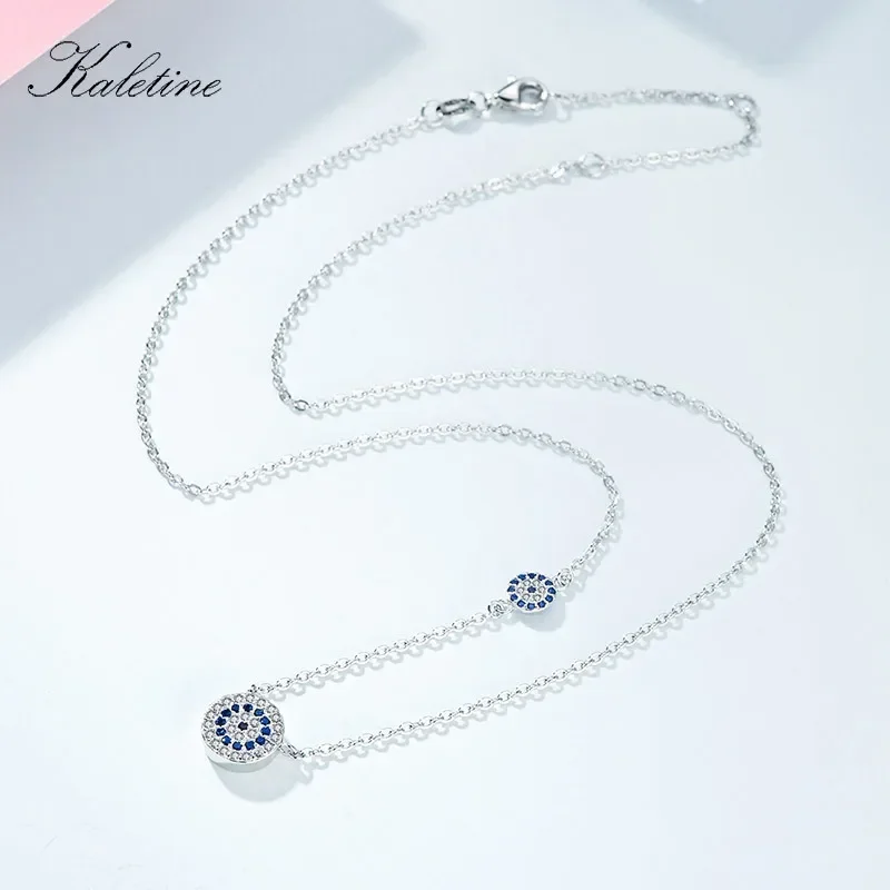 KALETINE Fashion 925 Sterling Silver Evil Eye Necklace Blue CZ Evil Eye Charm Long Women Necklace Pendants Link Chain KLTN042