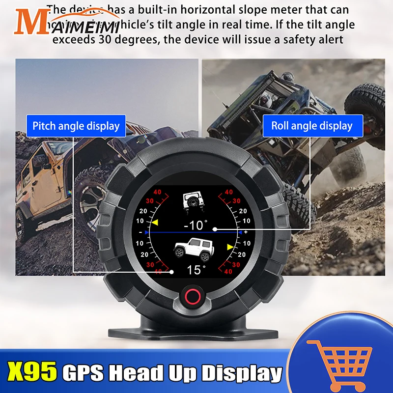 X95 Off-road HUD GPS Inclinometer 4x4 Level Tilt Gauge Car Speedometer Horizontal Slope Meter MPH/KMH Tilt Pitch Angle Compass