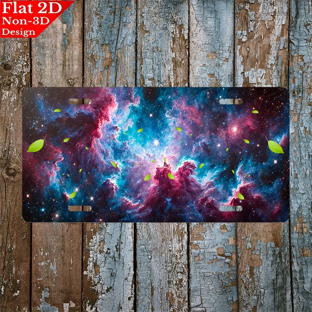 A 2D flat aluminum license plate featuring a vibrant cosmic nebula pattern, and designed solely for decorative purposes