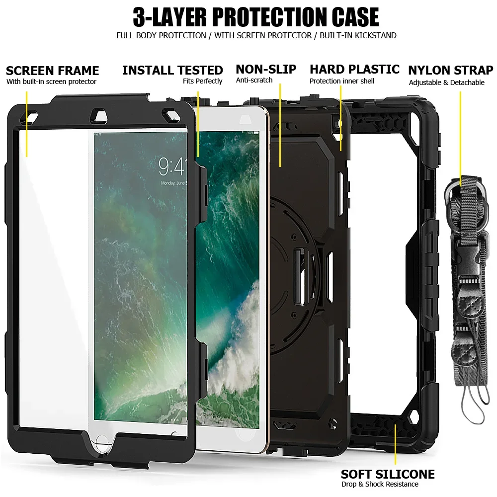 Funda a prueba de golpes con soporte para lápiz, Protector de pantalla PET y correa para el hombro, para iPad 10,2, 7, 8, 9, 2019, 2020, 2022, 10,2