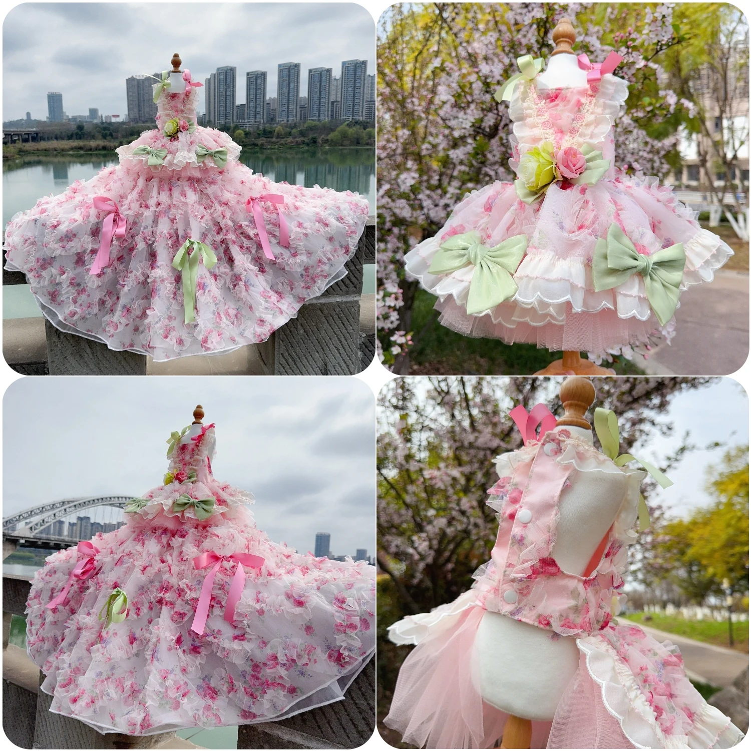 

Luxury Handmade Pink Roseflower Lace Dog Dress Long Tail Fashionable Pet Clothes for Small to Medium Chihuahua Dogs