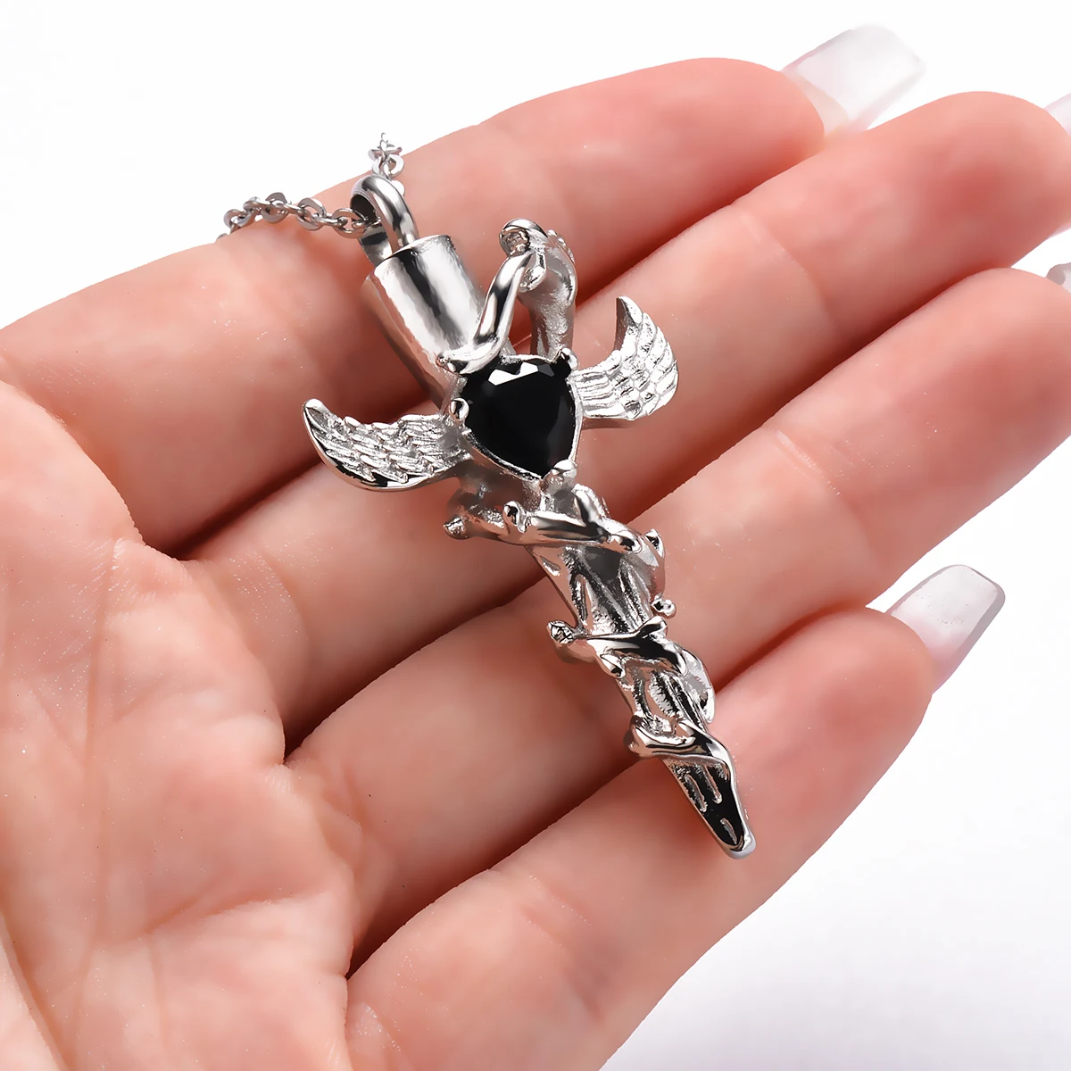 Wing Cross Snake Urne Kremations-Halskette Hip-Hop-Schwert-Anhänger Edelstahl Gedenkschmuck für Tier- und Menschenasche – Detail 3