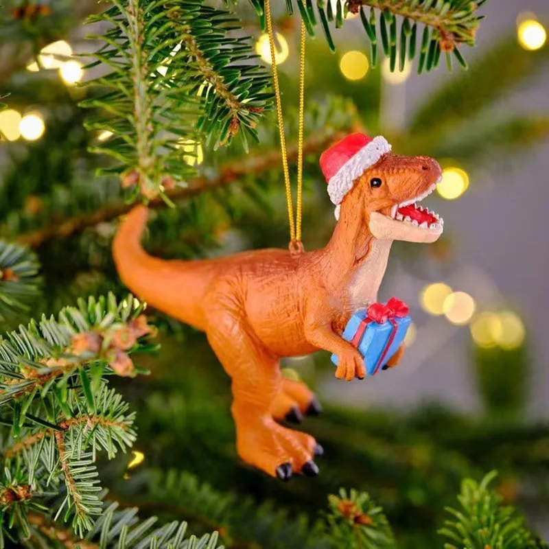 Christmas Dinosaur Ornaments - T-Rex & Triceratops Resin Figurines - Holiday Gift Decor