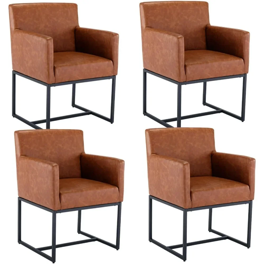 Modern Upholstered Dining Chairs with Arms Set of 4, Faux Leather Accent Chairs with Finish Metal Frame, 19'' Wide Arm Chairs