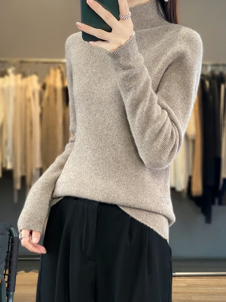 

100% Merino Wool Women Basic Sweater Autumn Winter Mock Neck Pullover Long Sleeve Solid Cashmere Knitted Female Clothes Sweater
