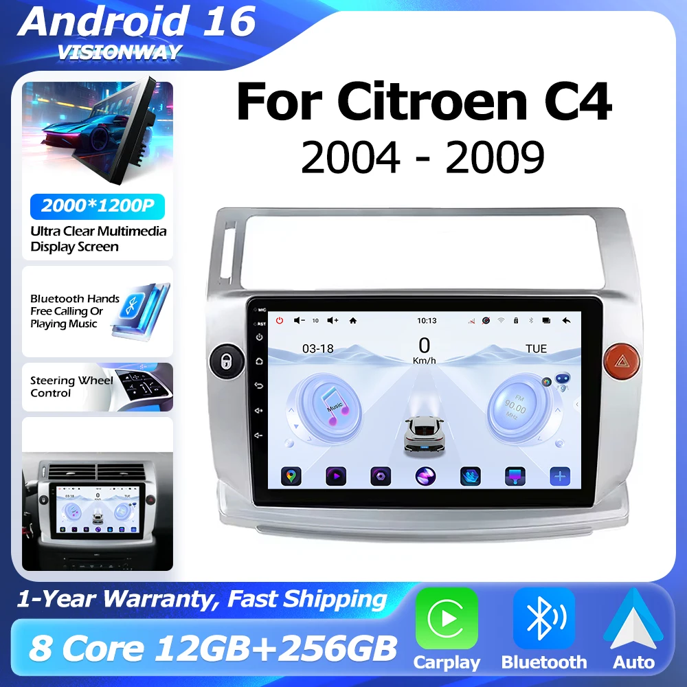 

CarPlay For Citroen C4 C-Triomphe C-Quatre 2004-2009 Android 16 GPS Navigation Multimedia Player Auto WIFI QLED 2000*1200P DSP