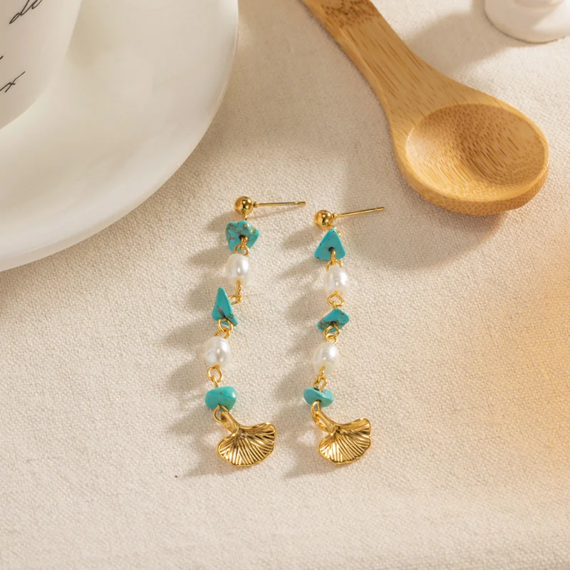 ALLNEWME Retro Freshwater Pearl Tassel Drop Earrings  Gold PVD Plated Stainless Steel Turquoise Leaves Earring for Women Gift