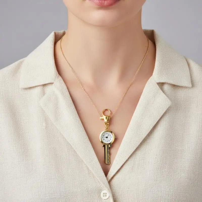Mini-Quarzuhr in Form eines goldenen Schlüssels mit Schlüsselanhänger, klarem Zifferblatt, perfekt für den täglichen Gebrauch, Taschenanhänger, kreatives Geschenk. – Detail 8