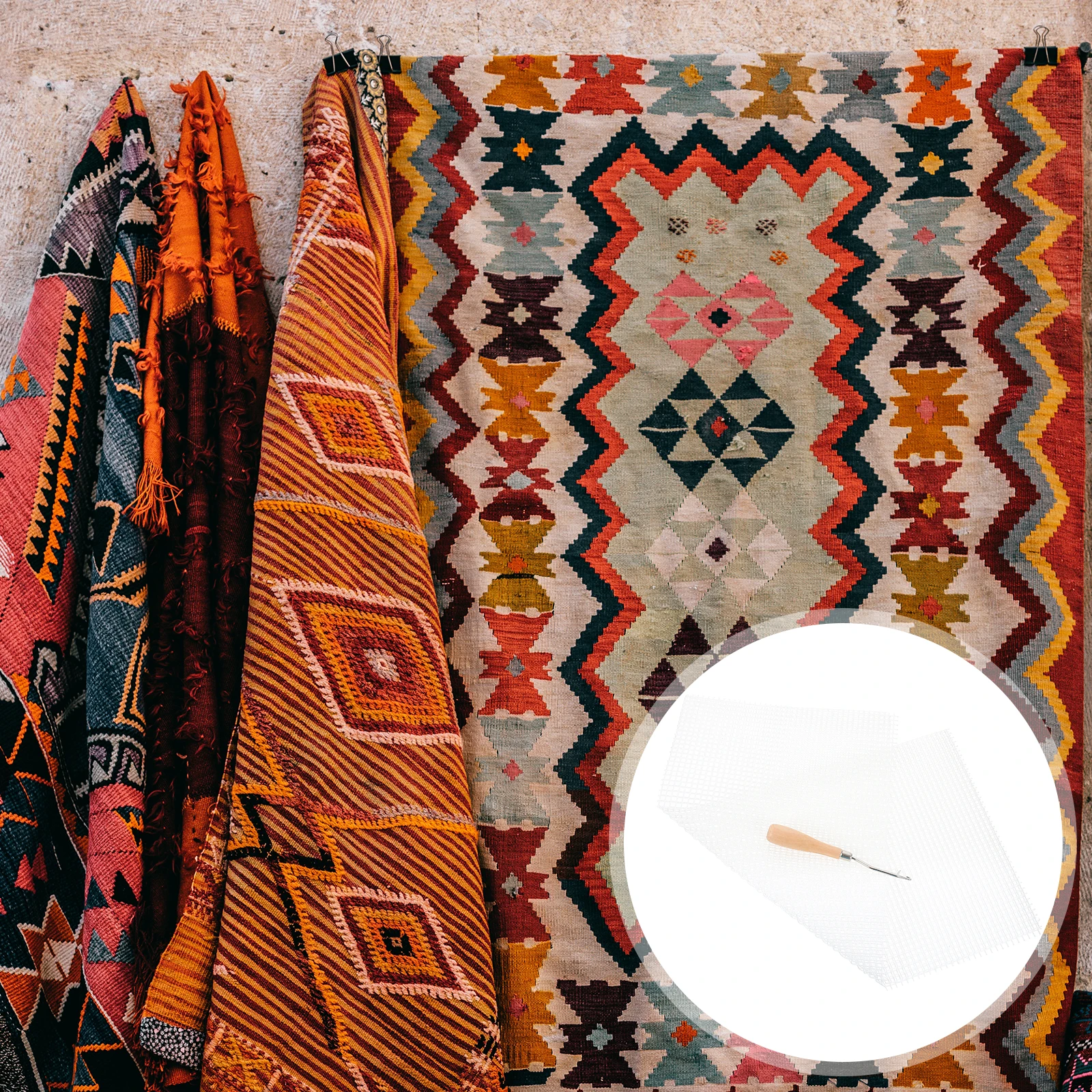 

2 Sets Carpet Crochet DIY Kit Water Soluble Mesh Latch Hook Tools Rug Making Blank Grid Pattern Accessories Stainless Steel Wood