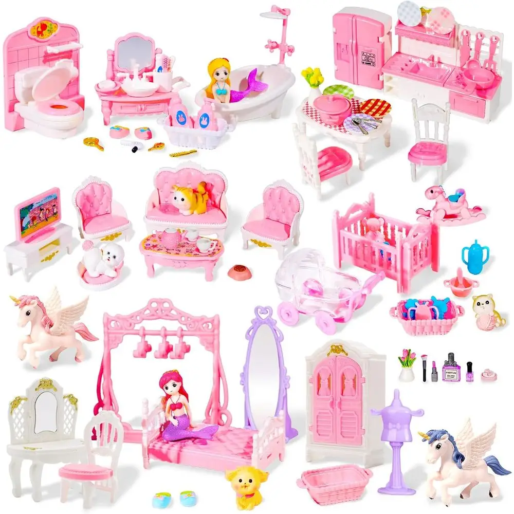 92-Piece Miniature Furniture Set for Small Pink House - Bedroom, Living Room, Bathroom, Kitchen Accessories